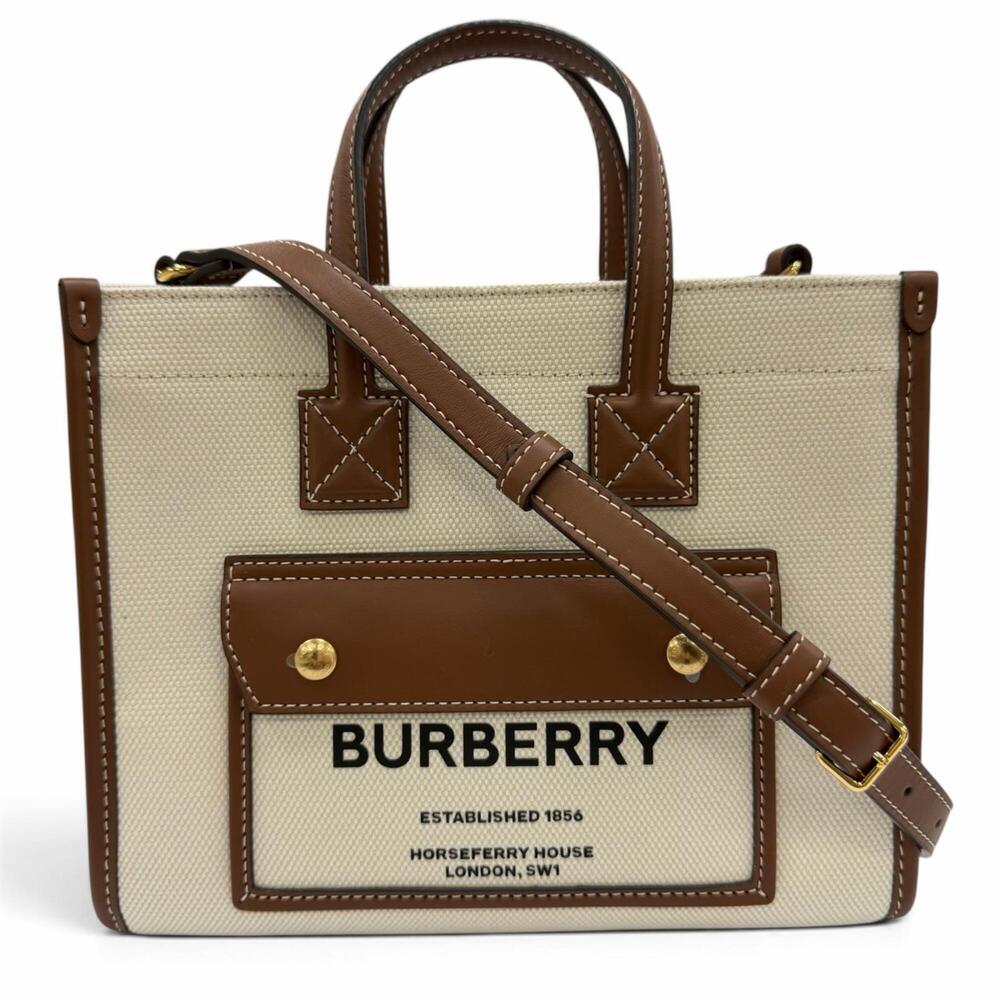BURBERRY Mini Freya Canvas Leather 2-Way Tote Bag/Shoulder Bag in Ivory and B...